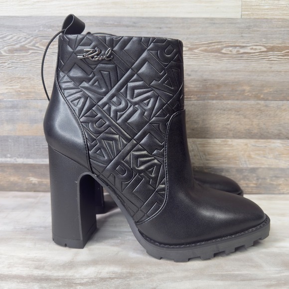 Karl Lagerfeld Paris Shoes - Karl Lagerfeld Petrin Women Size 8.5 Ankle Boots Quilted Logo Block Heel Black